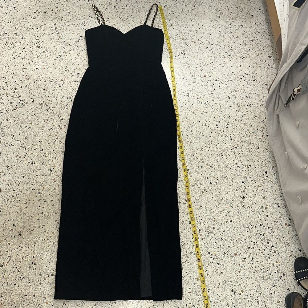 Lillie Rubin black velvet maxi dress gown long gold sequin straps 4